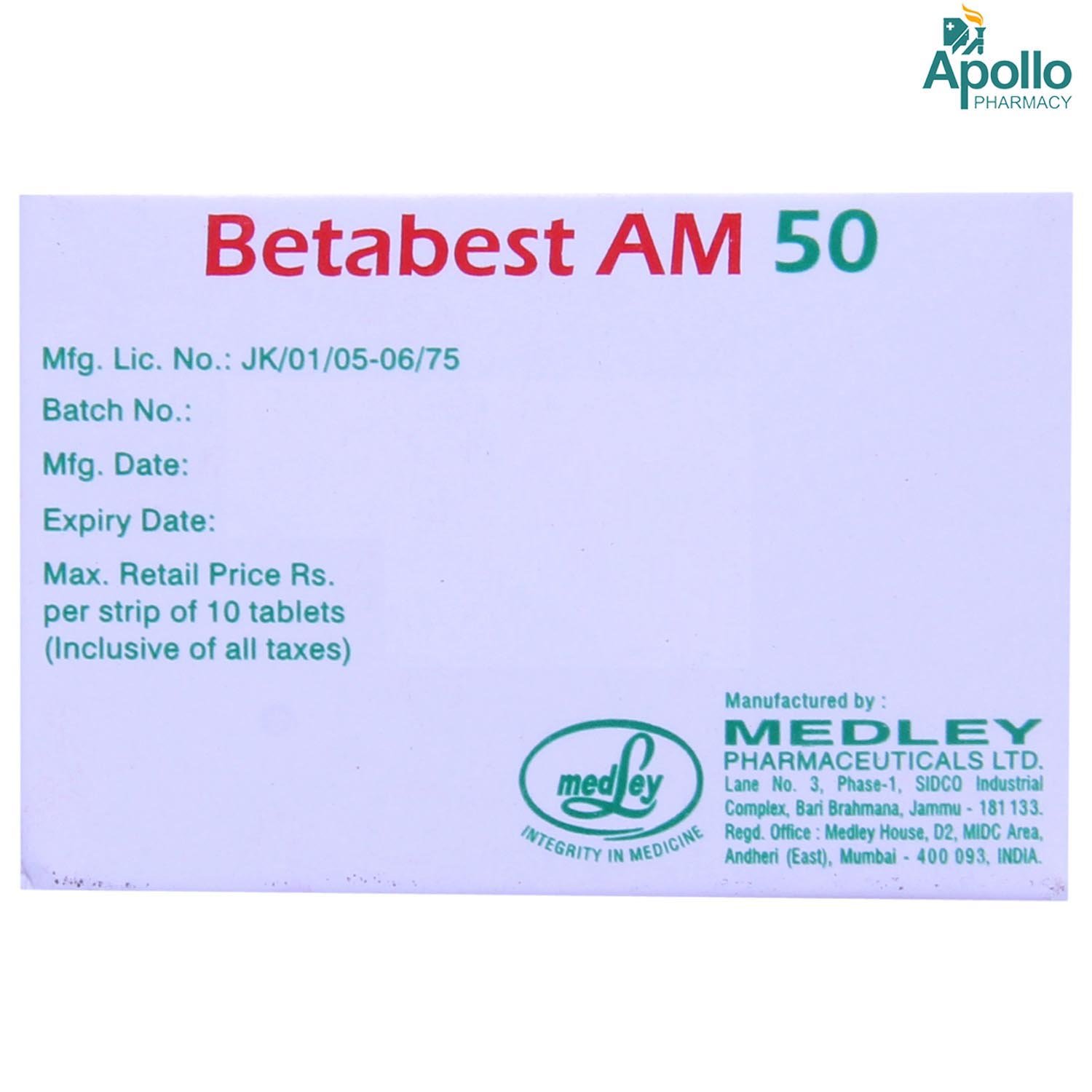 Betabest AM 50 Tablet 10's, Pack of 10 TABLETS Betabest AM 50 Tablet 10's, Pack of 10 TABLETS