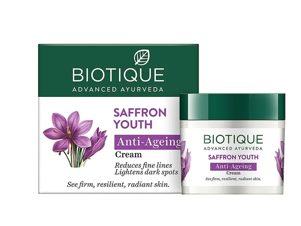 Biotique Saffron Youth Anti-Ageing Cream 50 gm | Saffron, Almond, Pistachio | Reduces Fine Lines, Wrinkles &amp; Dark Spots | Gives Firm &amp; Radiant Skin | 100% Botanical Extracts | For All Skin Type, Pack of 1