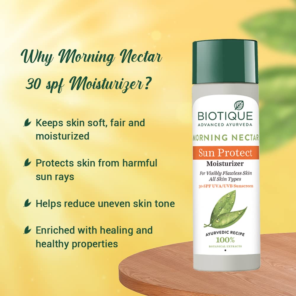 Biotique Morning Nectar Sun Protect Moisturizer SPF 30+ UVA/UVB, 120 ml, Pack of 1 Biotique Morning Nectar Sun Protect Moisturizer SPF 30+ UVA/UVB, 120 ml, Pack of 1