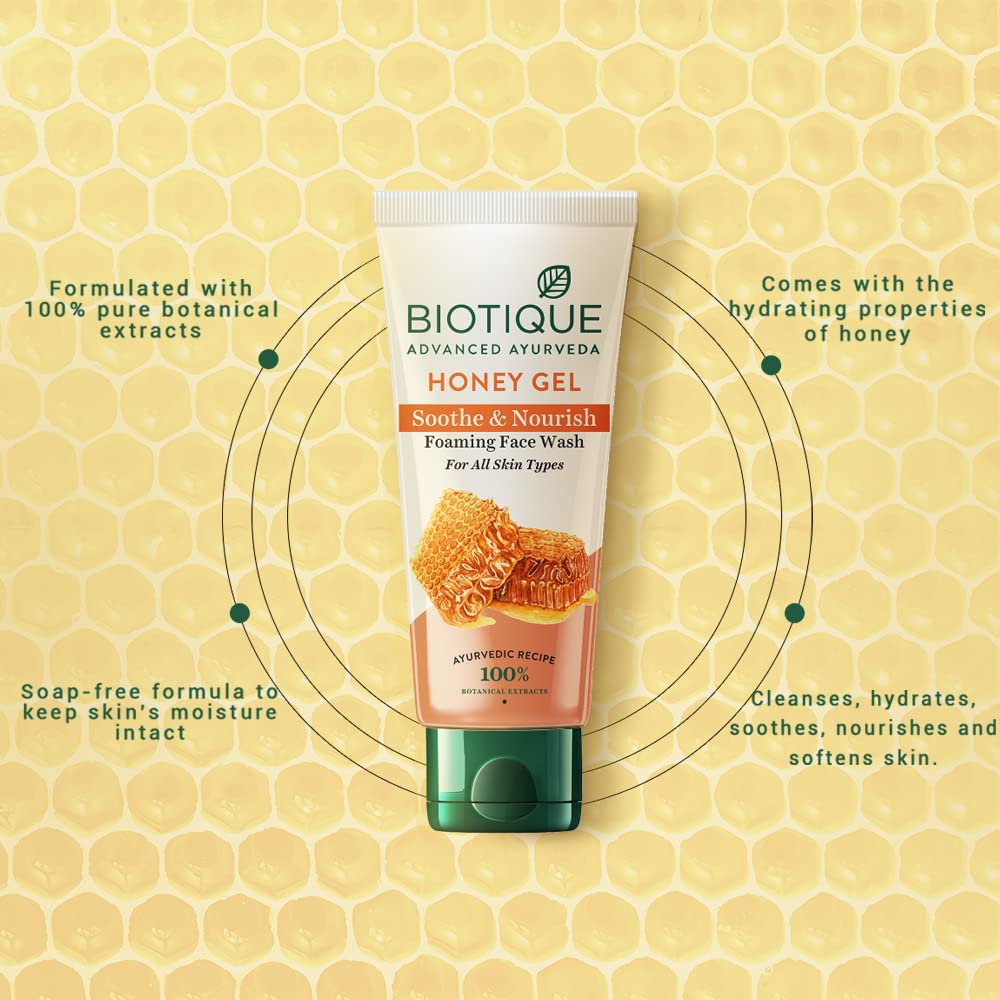 Biotique Honey Gel Soothe & Nourish Foaming Face Wash 100 ml | Honey, Wild Turmeric, Bark Of Arjun Tree | Hydrates, Soothes, Nourishes & Softens Skin | 100% Botanical Extracts | For All Skin Type, Pack of 1 Biotique Honey Gel Soothe & Nourish Foaming Face Wash 100 ml | Honey, Wild Turmeric, Bark Of Arjun Tree | Hydrates, Soothes, Nourishes & Softens Skin | 100% Botanical Extracts | For All Skin Type, Pack of 1