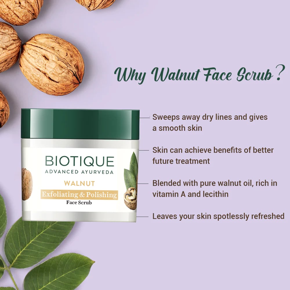 Biotiquee Walnut Exfloliating & Polishing Face Scrub 50 gm | Walnut Oil, Lecithin & Vitamin A | Removes Dry Skin | Gives Soft & Smooth Skin | For Normal To Dry Skin, Pack of 1 Biotiquee Walnut Exfloliating & Polishing Face Scrub 50 gm | Walnut Oil, Lecithin & Vitamin A | Removes Dry Skin | Gives Soft & Smooth Skin | For Normal To Dry Skin, Pack of 1