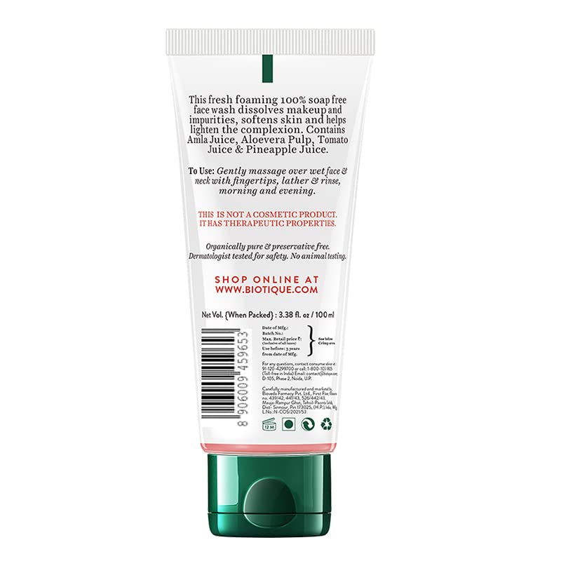 Biotique Fruit Brightening Face Wash 100 ml | Aloe Vera Pulp, Amla Juice, Tomato Juice, Pineapple Juice | Removes Makeup & Impurities | Lightens Skin Complexion | Softens Skin | 100% Botanical Extract | For All Skin Type, Pack of 1 Biotique Fruit Brightening Face Wash 100 ml | Aloe Vera Pulp, Amla Juice, Tomato Juice, Pineapple Juice | Removes Makeup & Impurities | Lightens Skin Complexion | Softens Skin | 100% Botanical Extract | For All Skin Type, Pack of 1