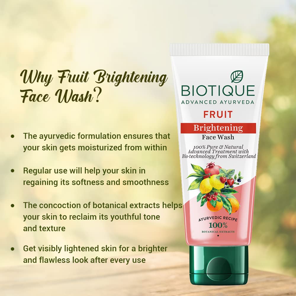Biotique Fruit Brightening Face Wash 100 ml | Aloe Vera Pulp, Amla Juice, Tomato Juice, Pineapple Juice | Removes Makeup & Impurities | Lightens Skin Complexion | Softens Skin | 100% Botanical Extract | For All Skin Type, Pack of 1 Biotique Fruit Brightening Face Wash 100 ml | Aloe Vera Pulp, Amla Juice, Tomato Juice, Pineapple Juice | Removes Makeup & Impurities | Lightens Skin Complexion | Softens Skin | 100% Botanical Extract | For All Skin Type, Pack of 1