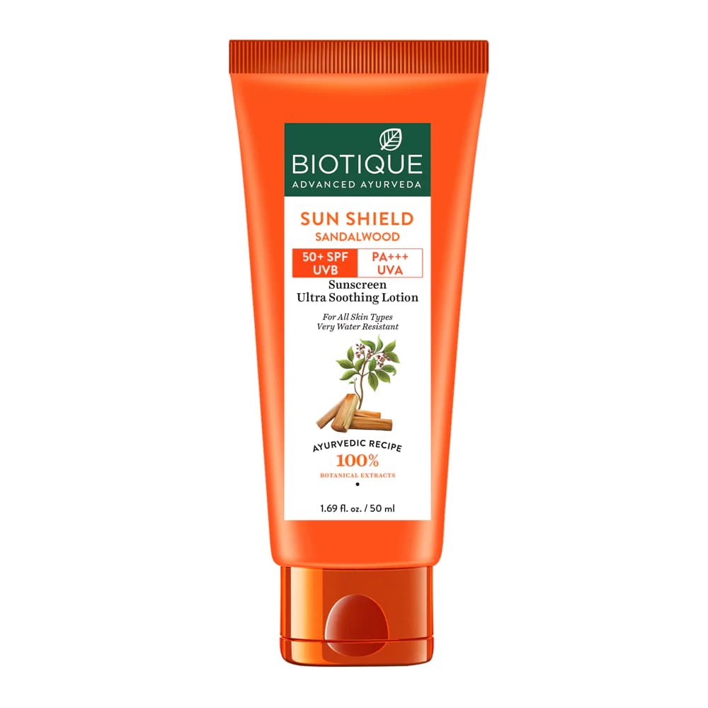 Biotique Sun Shield Sandalwood Sunscreen Ultra Soothing Face Lotion 50 ml with SPF 50+ PA+++ UVA |Ultra Protective Lotion| Keeps Skin Soft| Water Resistant| For All Skin Types, Pack of 1 Biotique Sun Shield Sandalwood Sunscreen Ultra Soothing Face Lotion 50 ml with SPF 50+ PA+++ UVA |Ultra Protective Lotion| Keeps Skin Soft| Water Resistant| For All Skin Types, Pack of 1