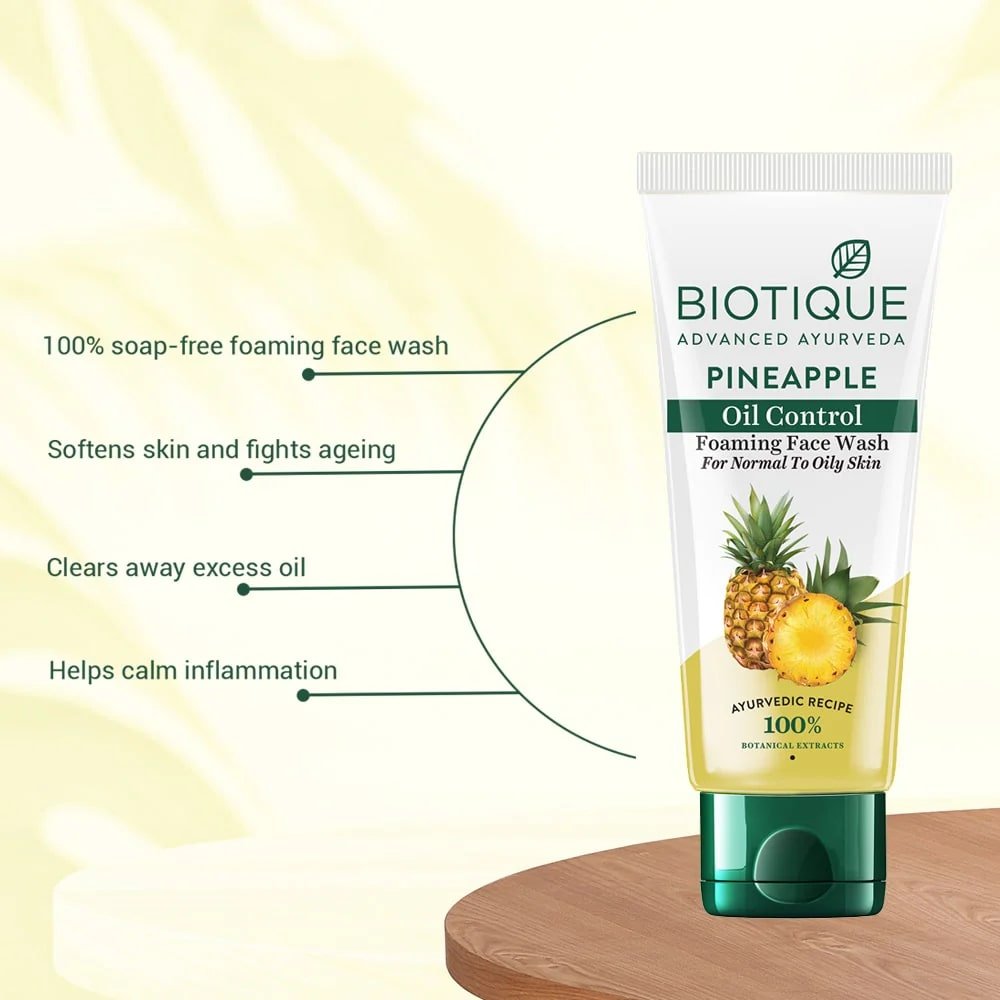 Biotique Pineapple Oil Control Foaming Face Wash 50 ml | Pineapple, Wild Turmeric & Neem Leaves | Removes Makeup & Impurities | Lightens Skin Complexion | Softens Skin | 100% Botanical Extracts | For Normal To Oily Skin, Pack of 1 Biotique Pineapple Oil Control Foaming Face Wash 50 ml | Pineapple, Wild Turmeric & Neem Leaves | Removes Makeup & Impurities | Lightens Skin Complexion | Softens Skin | 100% Botanical Extracts | For Normal To Oily Skin, Pack of 1