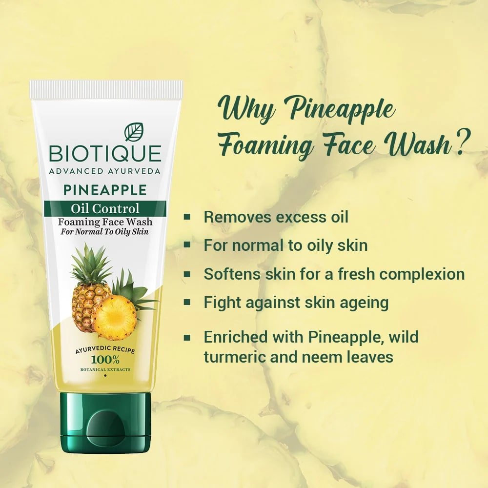 Biotique Pineapple Oil Control Foaming Face Wash 50 ml | Pineapple, Wild Turmeric & Neem Leaves | Removes Makeup & Impurities | Lightens Skin Complexion | Softens Skin | 100% Botanical Extracts | For Normal To Oily Skin, Pack of 1 Biotique Pineapple Oil Control Foaming Face Wash 50 ml | Pineapple, Wild Turmeric & Neem Leaves | Removes Makeup & Impurities | Lightens Skin Complexion | Softens Skin | 100% Botanical Extracts | For Normal To Oily Skin, Pack of 1