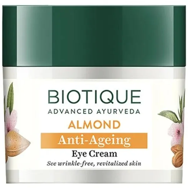 Biotique Almond Anti-Ageing Eye Cream 15 gm | Almond, Nutmeg &amp; Sunflower | Reduces Dry Lines, Puffiness | Gives Wrinkles Frees, Revitalized Skin | 100% Botanical Extract | For All Skin Type, Pack of 1