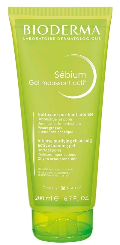 Bioderma Sebium Moussant Actif Foaming Gel 200 ml | Salicylic Acid &amp; Glycolic Acid | Unclogs Pore | Minimize Skin Imperfections-Blackheads &amp; Pimple | For Oily To Acne Prone Skin, Pack of 1