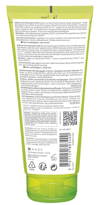 Bioderma Sebium Moussant Actif Foaming Gel 200 ml | Salicylic Acid &amp; Glycolic Acid | Unclogs Pore | Minimize Skin Imperfections-Blackheads &amp; Pimple | For Oily To Acne Prone Skin, Pack of 1