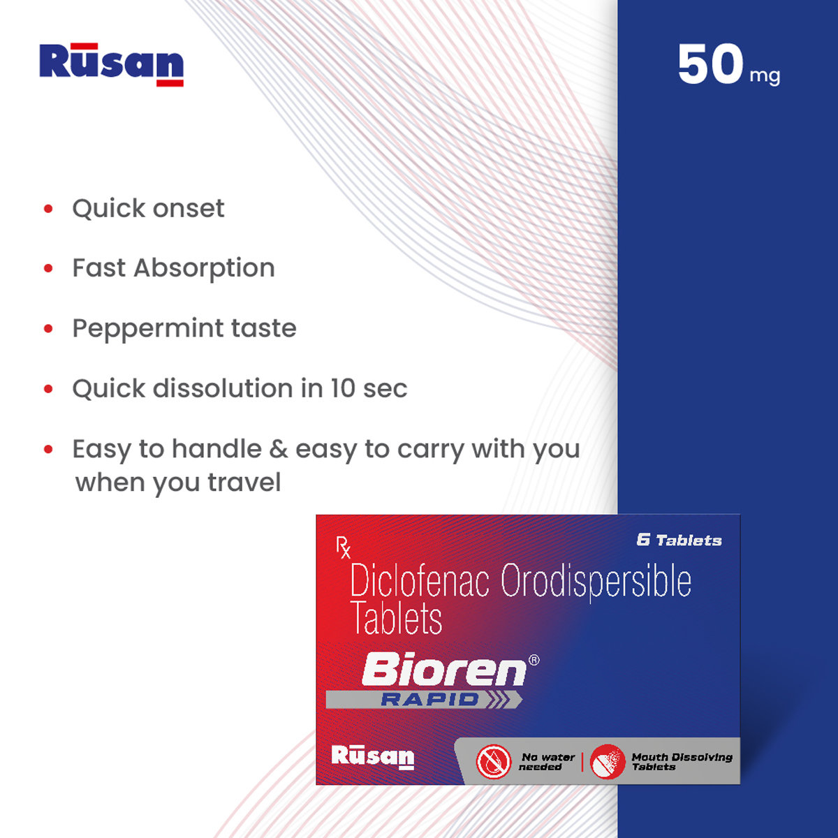 Rusan Bioren Rapid 50 mg Tablet 6's, Pack of 6 Rusan Bioren Rapid 50 mg Tablet 6's, Pack of 6