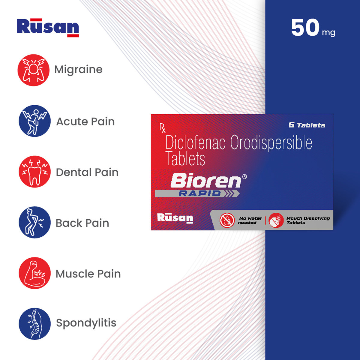Rusan Bioren Rapid 50 mg Tablet 6's, Pack of 6 Rusan Bioren Rapid 50 mg Tablet 6's, Pack of 6