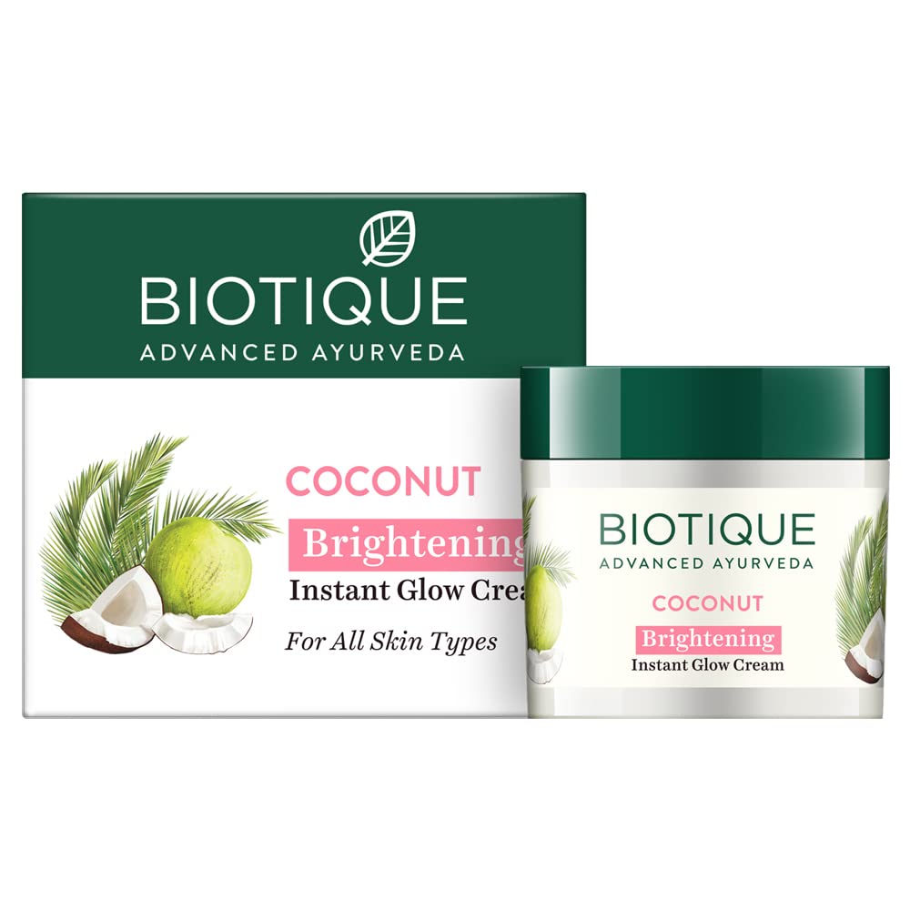Biotique Coconut Brightening Instant Glow Cream 50 gm | Enriched With Vitamin E & Coconut Oil | Reduce Dark Spots & Blemishes | Brightens & Smoothen Skin| For Instant Glow | 100% Pure Botanical Extracts | For All Skin Type, Pack of 1 Biotique Coconut Brightening Instant Glow Cream 50 gm | Enriched With Vitamin E & Coconut Oil | Reduce Dark Spots & Blemishes | Brightens & Smoothen Skin| For Instant Glow | 100% Pure Botanical Extracts | For All Skin Type, Pack of 1