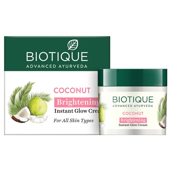 Biotique Coconut Brightening Instant Glow Cream 50 gm | Enriched With Vitamin E &amp; Coconut Oil | Reduce Dark Spots &amp; Blemishes | Brightens &amp; Smoothen Skin| For Instant Glow | 100% Pure Botanical Extracts | For All Skin Type, Pack of 1