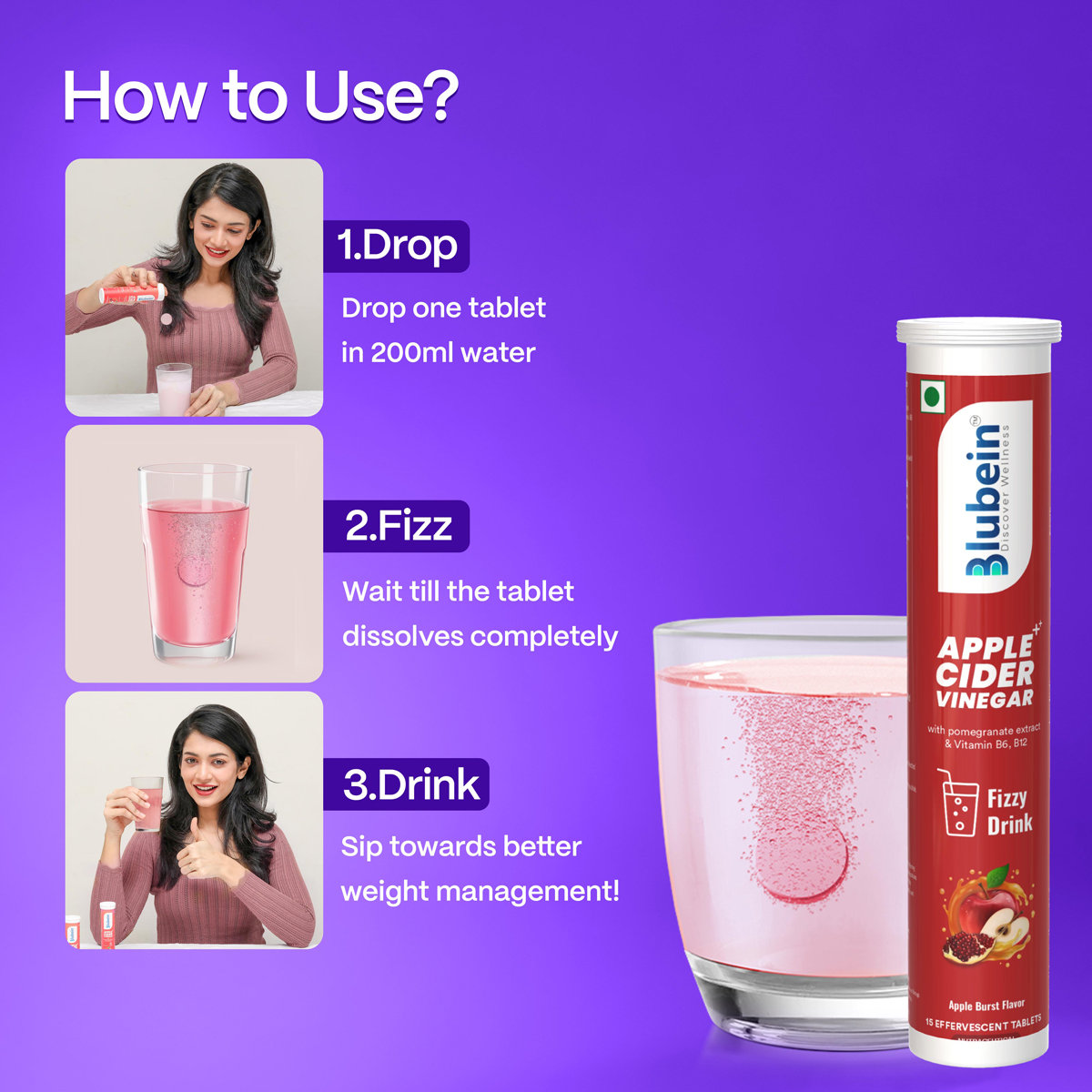 Blubein Apple Cider Vinegar Effervescent, 15 Tablets, Pack of 1 Blubein Apple Cider Vinegar Effervescent, 15 Tablets, Pack of 1