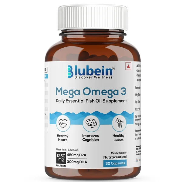 Blubein Mega Omega 3 1250 mg Vanilla Flavour SG Capsule 30's, Pack of 1