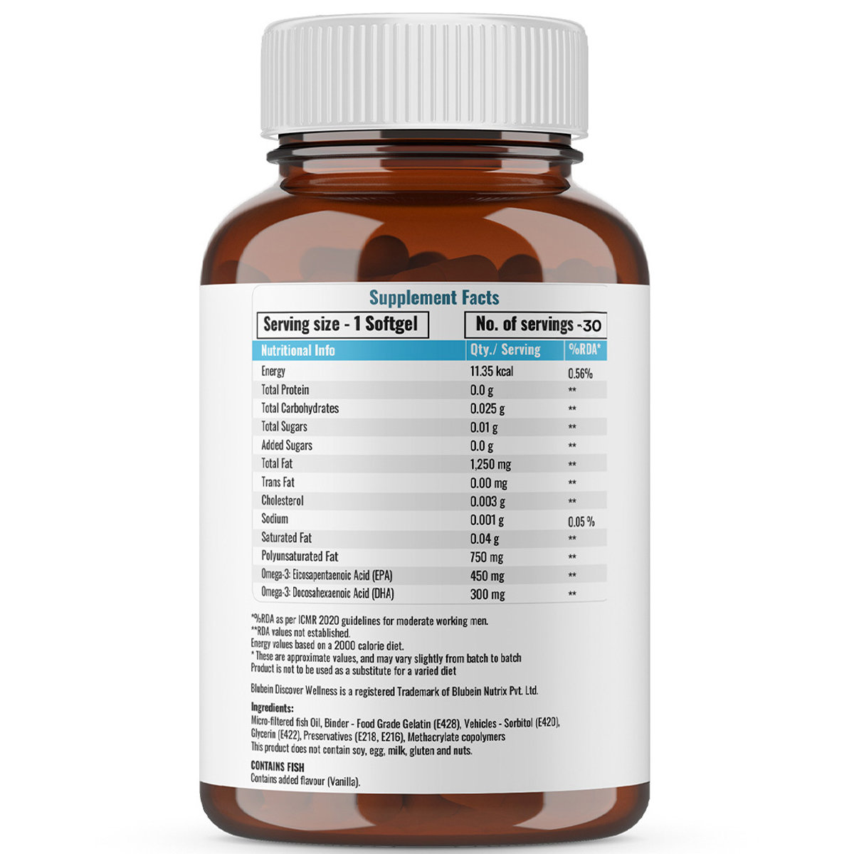 Blubein Mega Omega 3 1250 mg Vanilla Flavour SG Capsule 30's, Pack of 1 Blubein Mega Omega 3 1250 mg Vanilla Flavour SG Capsule 30's, Pack of 1