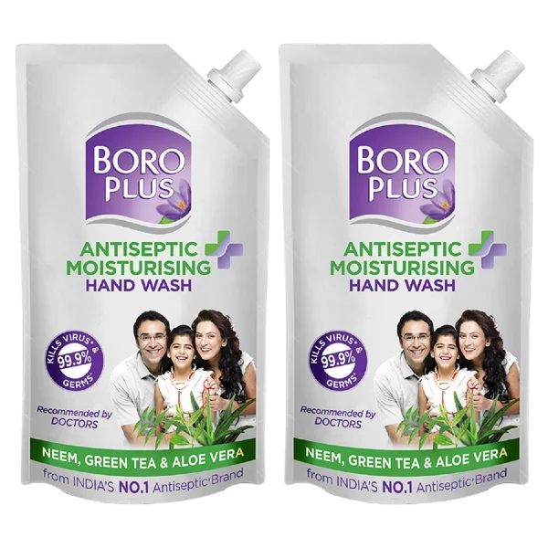 BoroPlus Antiseptic + Moisturising Hand Wash With Neem, Tulsi &amp; Aloe Vera Refill Pouch, 2x160 ml, Pack of 1