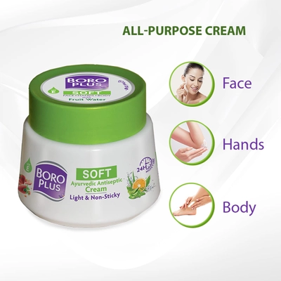 Boroplus Soft Antiseptic Cream 200 ml | Light &amp; Non-sticky | Provides 24 hour moisturisation|Ayurvedic Cream for all seasons| Moisturises Dry Skin| 10 Natural Ingredients|Vitamin E | With Fruit Water and 10 Super Herbs, Pack of 1