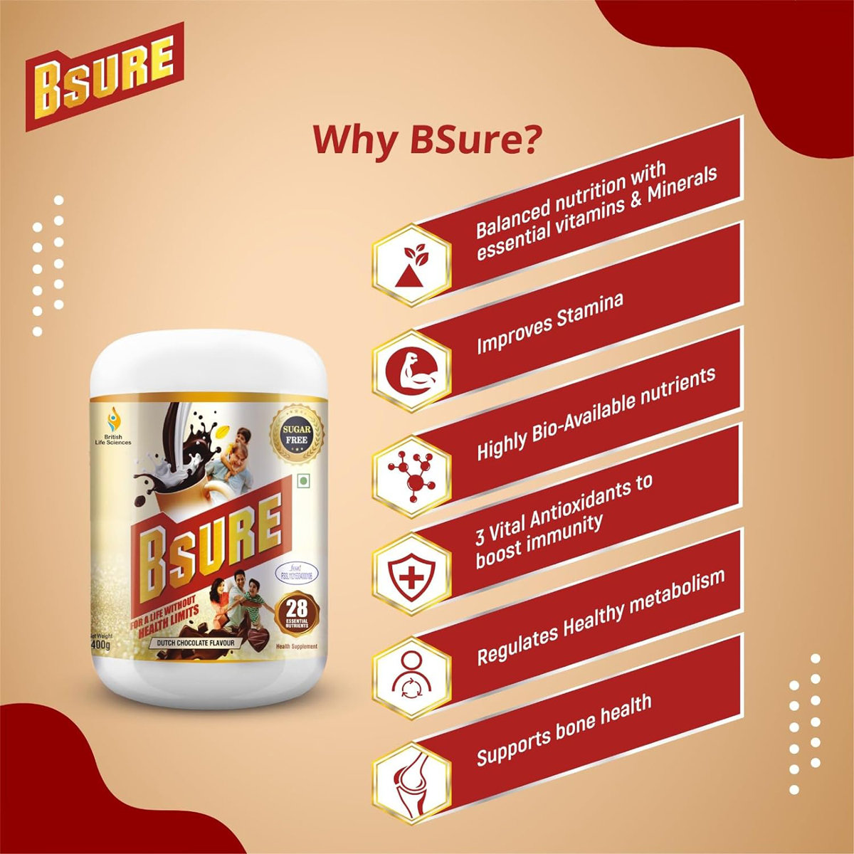 Bsure Dutch Chocolate Flavour Powder, 400 gm, Pack of 1 Bsure Dutch Chocolate Flavour Powder, 400 gm, Pack of 1
