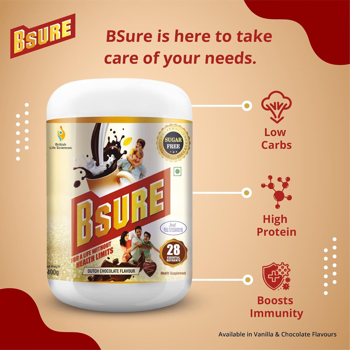 Bsure Dutch Chocolate Flavour Powder, 400 gm, Pack of 1 Bsure Dutch Chocolate Flavour Powder, 400 gm, Pack of 1