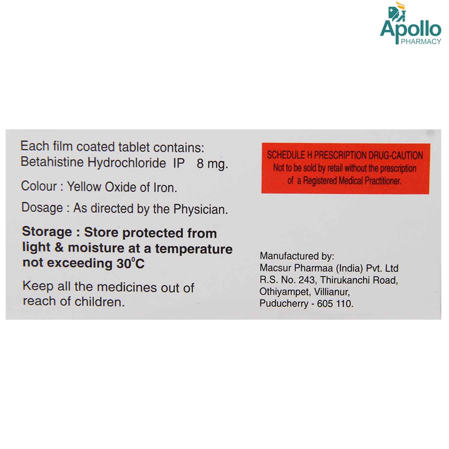 Bvert 8 mg Tablet 10's, Pack of 10 TabletS Bvert 8 mg Tablet 10's, Pack of 10 TabletS