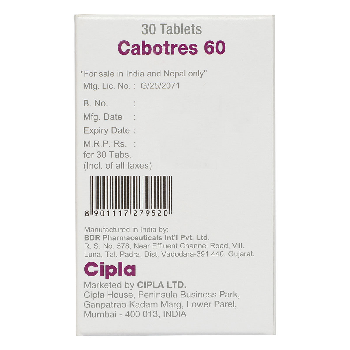 Cabotres 60 mg Tablet 30's, Pack of 1 TABLET Cabotres 60 mg Tablet 30's, Pack of 1 TABLET