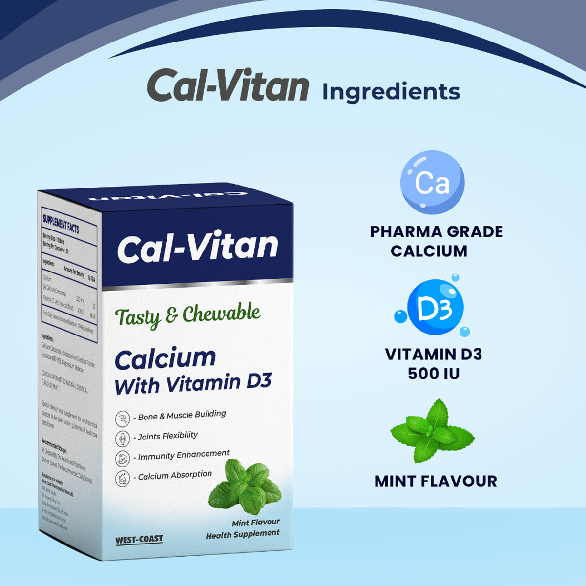 Cal-Vitan Mint Flavour Tasty & Chewable Tablet 30's, Pack of 1 Cal-Vitan Mint Flavour Tasty & Chewable Tablet 30's, Pack of 1