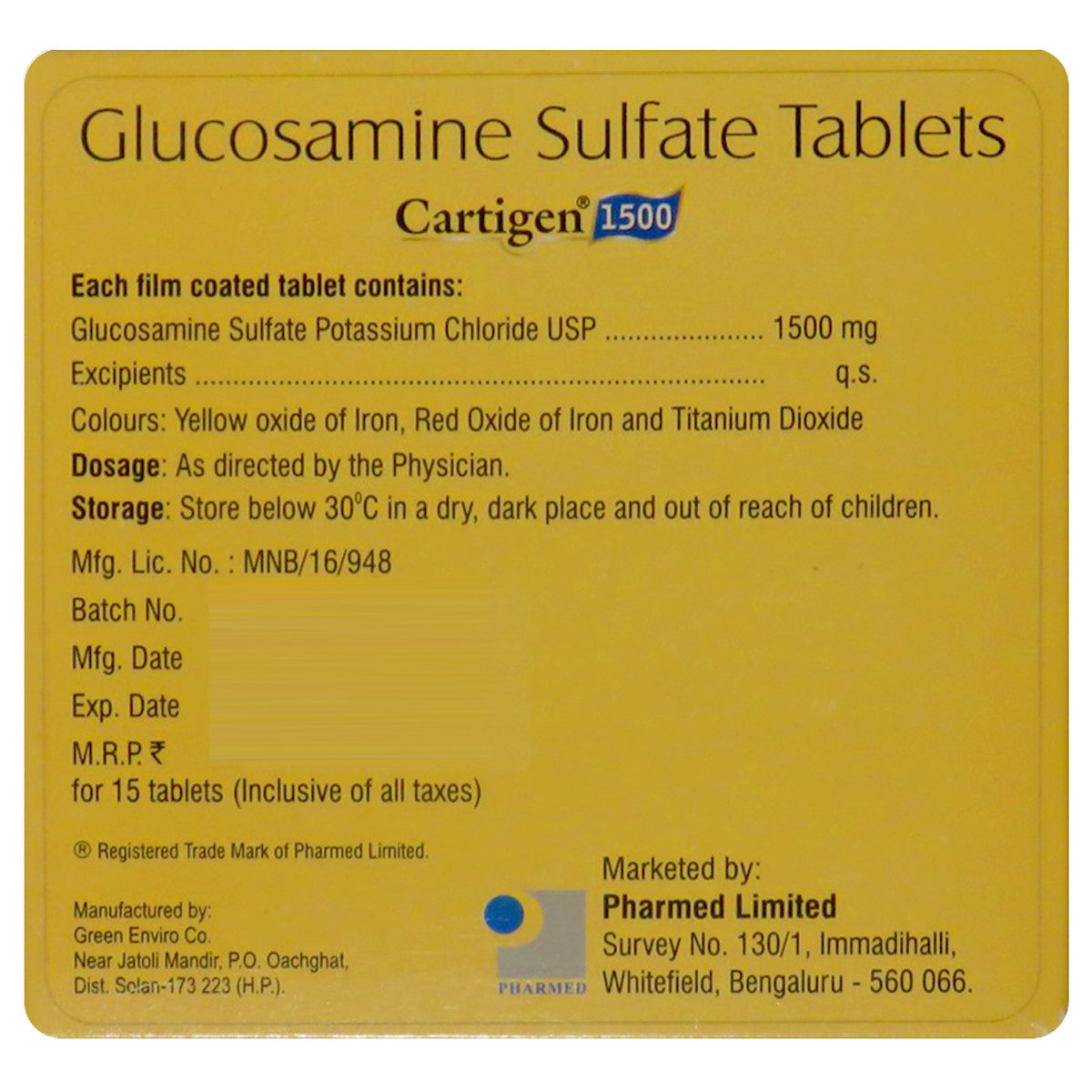 Cartigen 1500 mg Tablet 15's, Pack of 15 TABLETS Cartigen 1500 mg Tablet 15's, Pack of 15 TABLETS