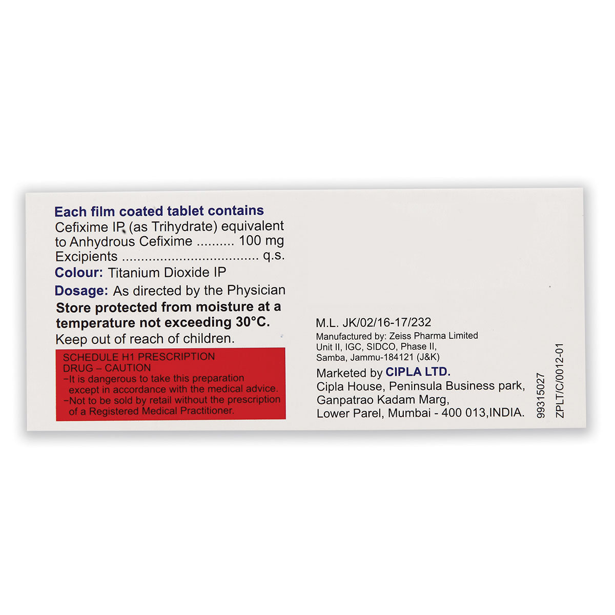 Cefrax 100 mg Tablet 10's, Pack of 10 IndiaS Cefrax 100 mg Tablet 10's, Pack of 10 IndiaS