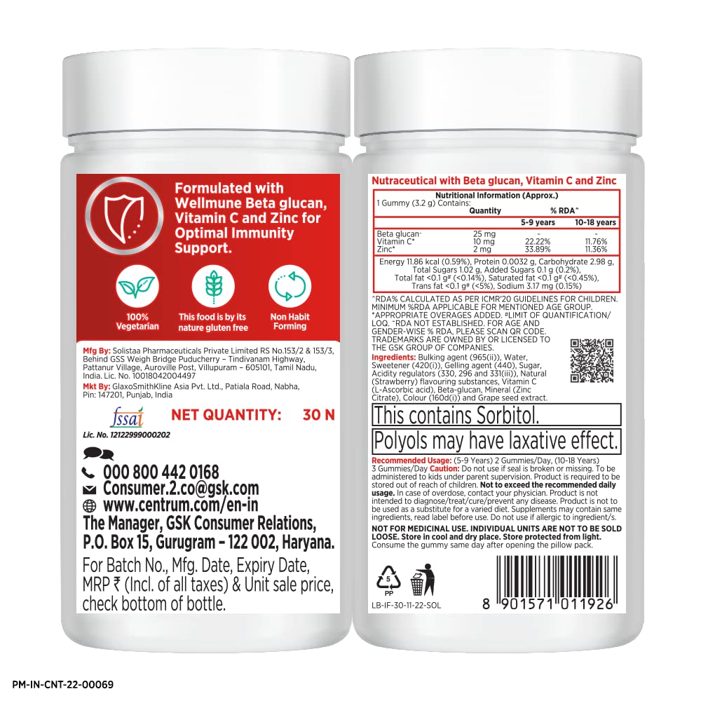 Centrum Kids Immune Fuel Strawberry Flavour with Betaglucan, Vitamin C & Zinc, 30 Gummies, Pack of 1 Centrum Kids Immune Fuel Strawberry Flavour with Betaglucan, Vitamin C & Zinc, 30 Gummies, Pack of 1