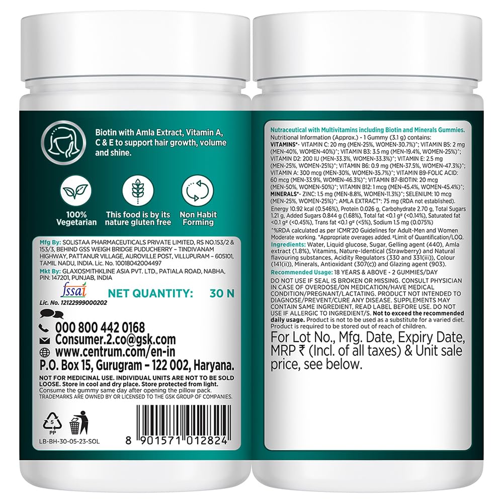 Centrum Healthy Hair Biotin+ Strawberry Flavour, 30 Gummies, Pack of 1 Centrum Healthy Hair Biotin+ Strawberry Flavour, 30 Gummies, Pack of 1