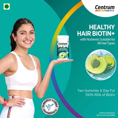 Centrum Healthy Hair Biotin+ Strawberry Flavour, 30 Gummies, Pack of 1