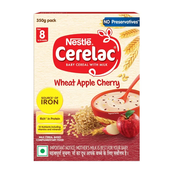 CERELAC Baby Food Cereal | Wheat Apple Cherry for 8 to 24 Months Baby | Source of Iron &amp; Protein | Instant Baby Food Cereal | 350 gm, Pack of 1