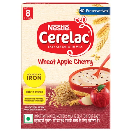 CERELAC Baby Food Cereal | Wheat Apple Cherry for 8 to 24 Months Baby | Source of Iron & Protein | Instant Baby Food Cereal | 350 gm