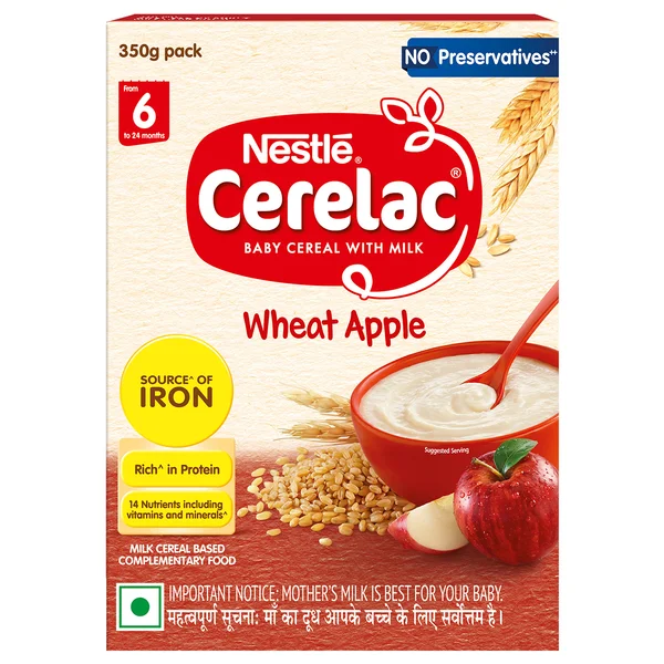 CERELAC Baby Food Cereal | No Preservatives | Wheat Apple for 6 to 24 Months Baby | Source of Iron & Protein for Babies | Instant Cereal | 350 gm