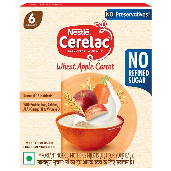 CERELAC Baby Food Cereal | No Refined Sugar | No Preservatives | Wheat Apple Carrot for 6 to 24 Months Baby | Omega 3 Iron Protein Calcium Vitamin D for Babies | Instant Baby Food Cereal | 300 gm