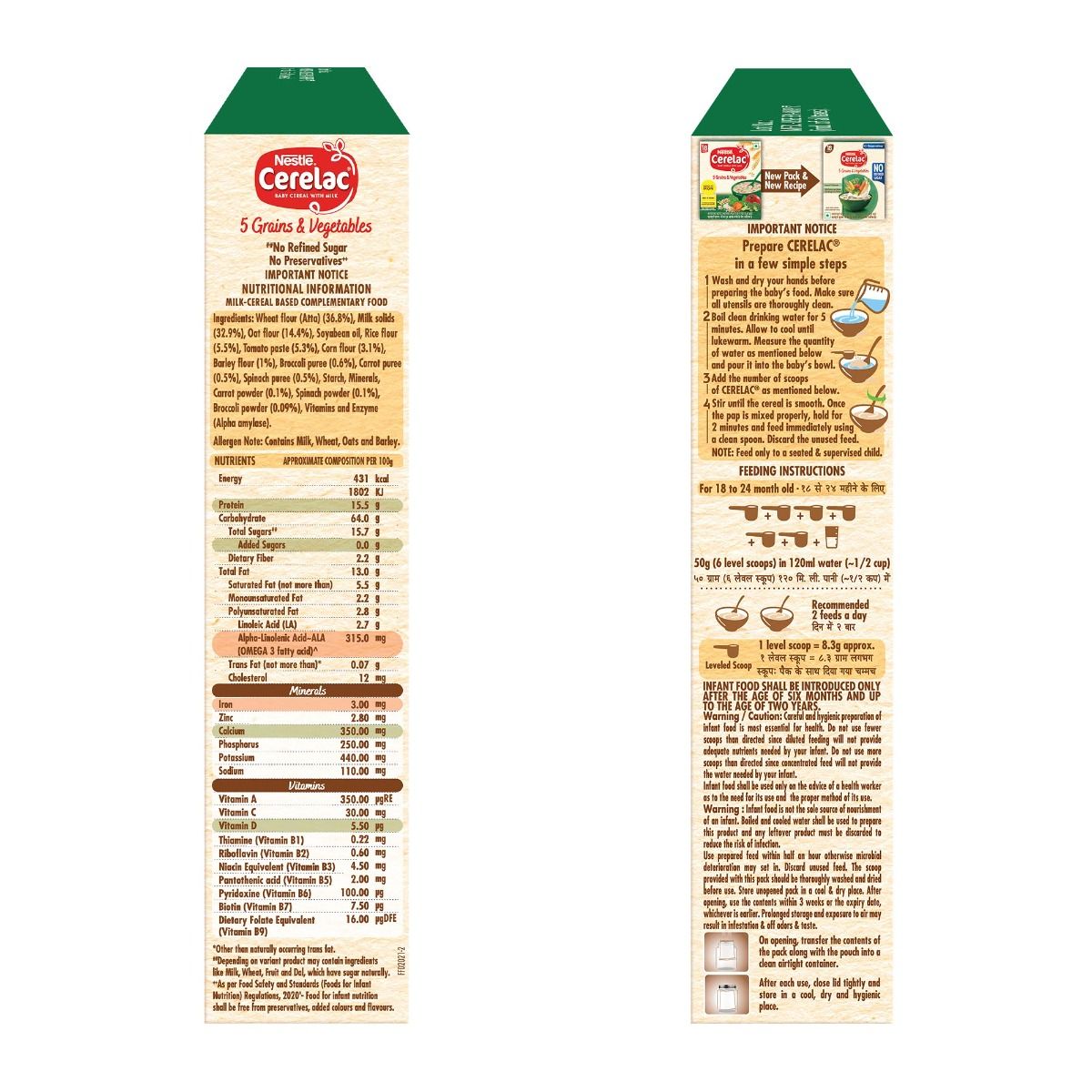 Nestle CERELAC Baby Food Cereal | No Refined Sugar | No Preservatives | 5 Grains & Vegetables for 18 to 24 Months Baby | Omega 3 Iron Protein Calcium Vitamin D for Babies | Instant Baby Food Cereal | 300g, Pack of 1 Nestle CERELAC Baby Food Cereal | No Refined Sugar | No Preservatives | 5 Grains & Vegetables for 18 to 24 Months Baby | Omega 3 Iron Protein Calcium Vitamin D for Babies | Instant Baby Food Cereal | 300g, Pack of 1