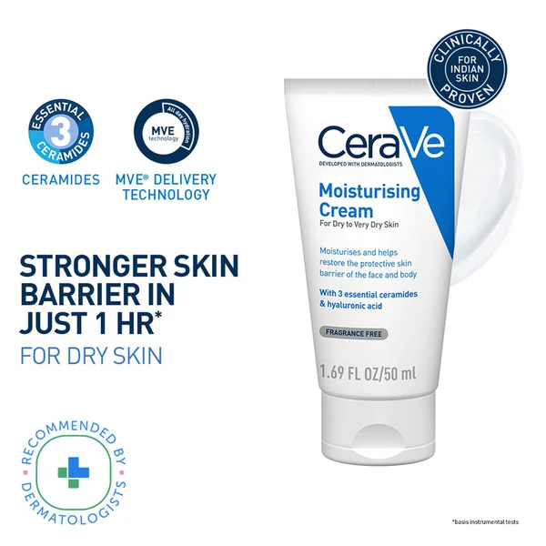 CeraVe Moisturising Cream 50 ml | Ceramides &amp; Hyaluronic Acid | Provides Long Lasting Hydration | Non Greasy | For Dry to Very Dry Skin, Pack of 1