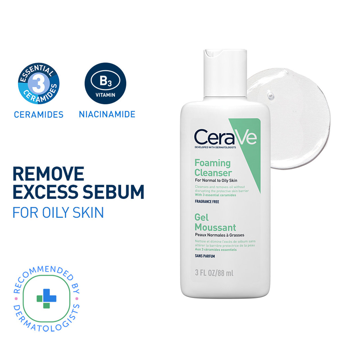 CeraVe Foaming Cleanser 88 ml | Ceramides, Niacinamides, Hyaluronic Acid | Gently Cleanses | Controls Oil | For Normal to Oily Skin, Pack of 1 CeraVe Foaming Cleanser 88 ml | Ceramides, Niacinamides, Hyaluronic Acid | Gently Cleanses | Controls Oil | For Normal to Oily Skin, Pack of 1
