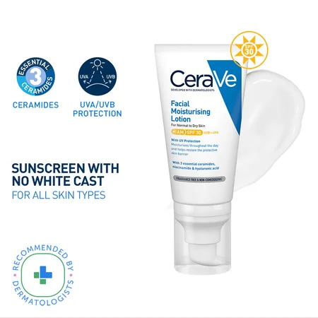 CeraVe AM SPF 30 Facial Moisturising Lotion for Normal to Dry Skin, 52 ml