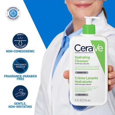 CeraVe Hydrating Cleanser 236 ml | Ceramides &amp; Hyaluronic Acid | Gently Cleanses | All Day Hydration | For Face &amp; Body | Suitable For Adult &amp; Children | For Normal to Dry Skin, Pack of 1