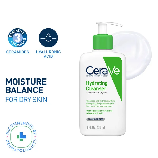 CeraVe Hydrating Cleanser 236 ml | Ceramides &amp; Hyaluronic Acid | Gently Cleanses | All Day Hydration | For Face &amp; Body | Suitable For Adult &amp; Children | For Normal to Dry Skin, Pack of 1
