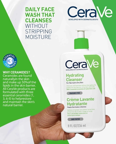 CeraVe Hydrating Cleanser 236 ml | Ceramides &amp; Hyaluronic Acid | Gently Cleanses | All Day Hydration | For Face &amp; Body | Suitable For Adult &amp; Children | For Normal to Dry Skin, Pack of 1