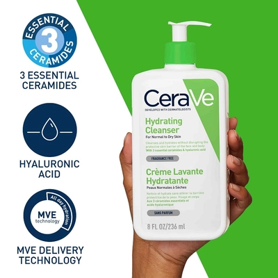 CeraVe Hydrating Cleanser 236 ml | Ceramides &amp; Hyaluronic Acid | Gently Cleanses | All Day Hydration | For Face &amp; Body | Suitable For Adult &amp; Children | For Normal to Dry Skin, Pack of 1