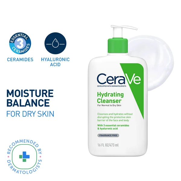 CeraVe Hydrating Cleanser 473 ml | Ceramides &amp; Hyaluronic Acid | Gently Cleanses | All Day Hydration | For Normal to Dry Skin, Pack of 1