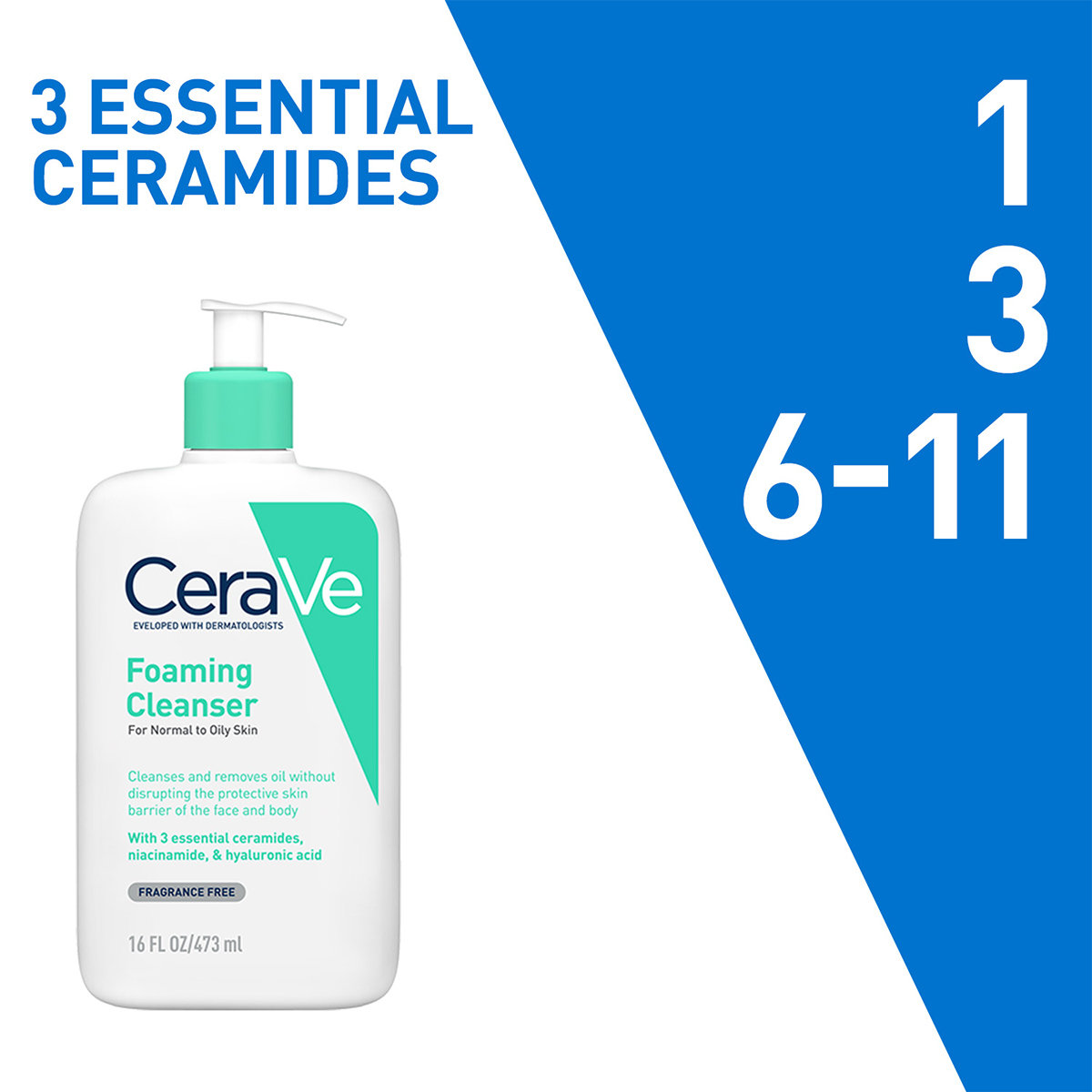 CeraVe Foaming Cleanser 473 ml | Ceramides, Niacinamides, Hyaluronic Acid| Gently Cleanses | Controls Oil | For Normal to Oily Skin, Pack of 1 CeraVe Foaming Cleanser 473 ml | Ceramides, Niacinamides, Hyaluronic Acid| Gently Cleanses | Controls Oil | For Normal to Oily Skin, Pack of 1