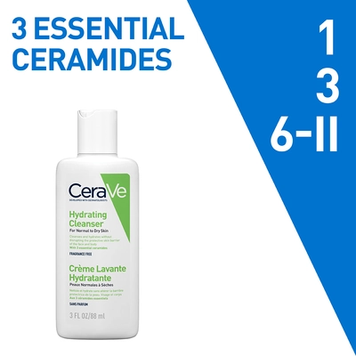 CeraVe Hydrating Cleanser 88 ml | Ceramides &amp; Hyaluronic Acid | Gently Cleanses | All Day Hydration | For Normal to Dry Skin, Pack of 1