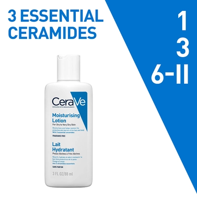 CeraVe Moisturising Lotion 88 ml | Ceramides &amp; Hyaluronic Acid | Provides Long Lasting Hydration | Non Greasy | For Dry to Very Dry Skin, Pack of 1