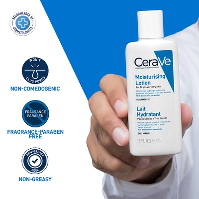 CeraVe Moisturising Lotion 88 ml | Ceramides &amp; Hyaluronic Acid | Provides Long Lasting Hydration | Non Greasy | For Dry to Very Dry Skin, Pack of 1