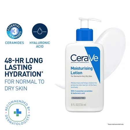 CeraVe Moisturising Lotion for Normal to Dry Skin, 236ml | Ceramides & Hyaluronic Acid | Provides Long Lasting Hydration | Non Greasy 